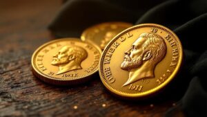 Goldmünzen auf Holzoberfläche